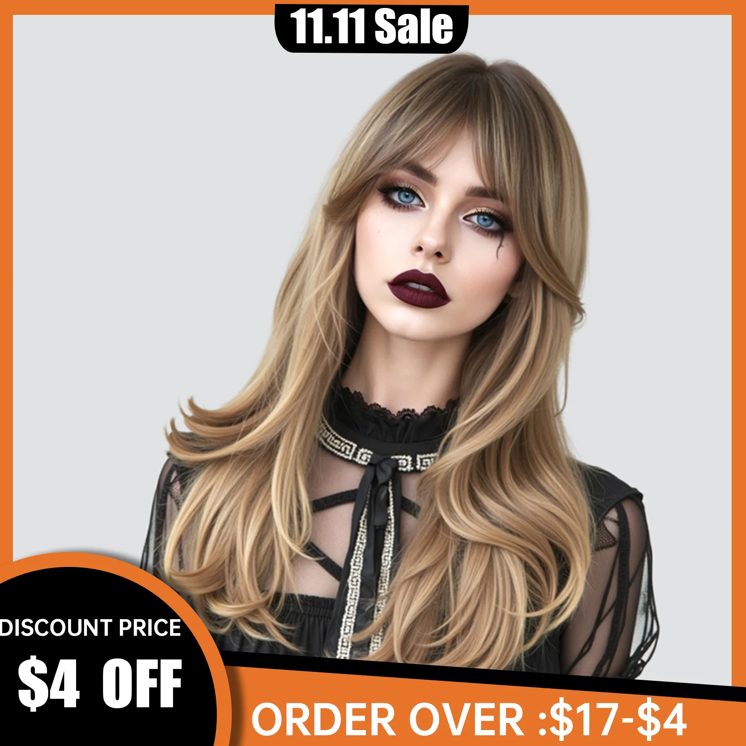 Curly Ombre Brown Blonde Synthetic Wig Ash Blonde Highlight Platinum Long Wavy Wig with Bangs for Women Hollywood Cosplay Wig