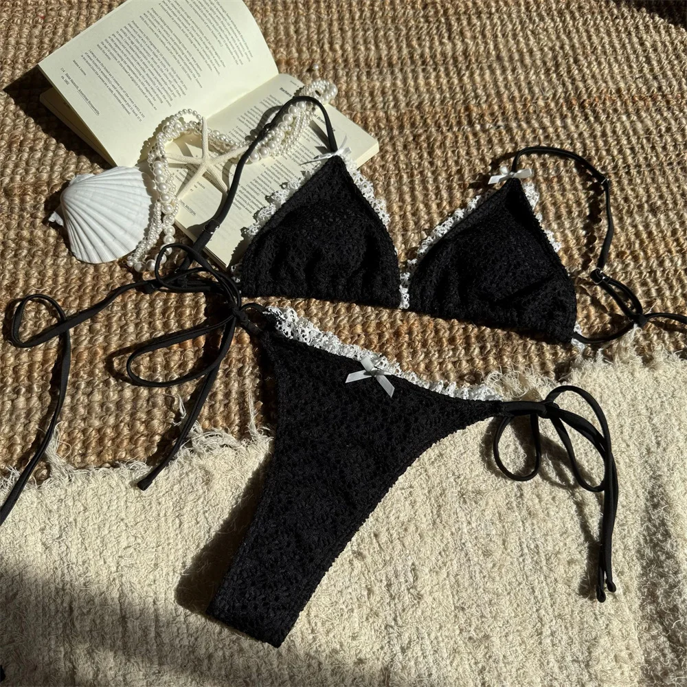 Kawaii Bowknot String Bikini Lace Border Swimsuit Hollow Swimwears Women Backless Bikinis Y2K Swimming Beach Outfit Bathing Suit