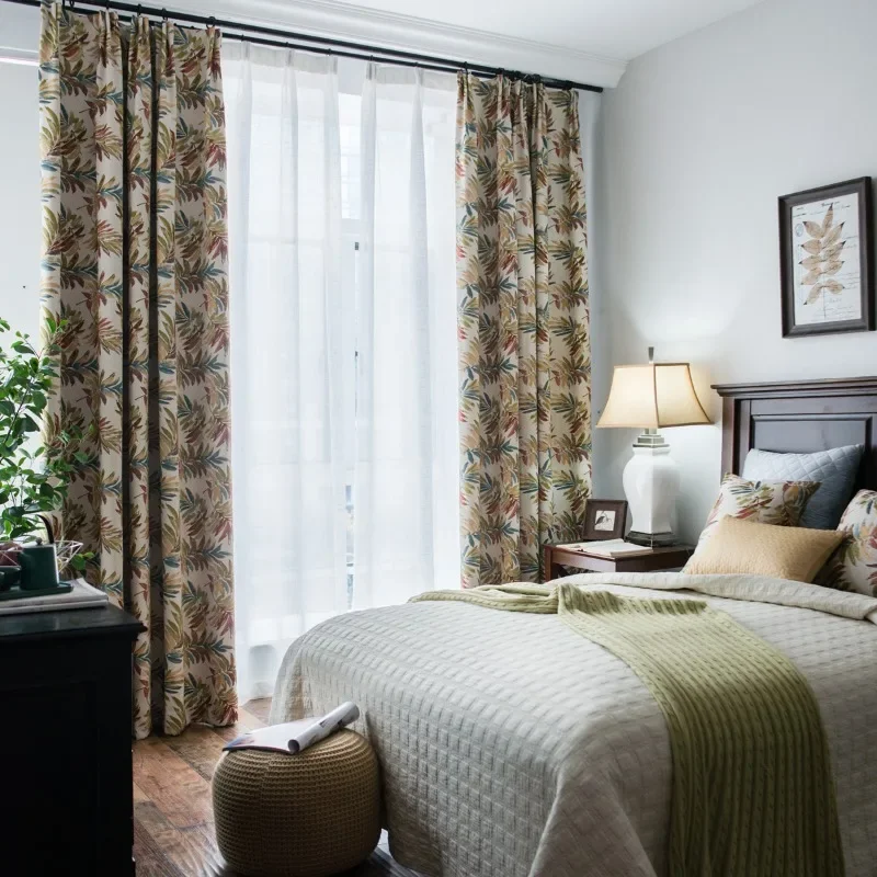 Custom  Size！！ European style Rural Cotton and Linen Texture Pastoral Jacquard Blackout Curtains for Living Dining Room Bedroom