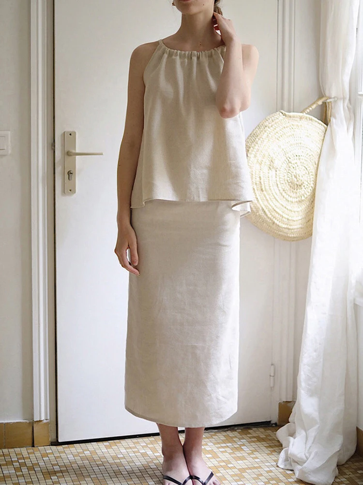 Pure Linen Asymmetrical Hem Midi Skirt Loose Fit A-Line Silhouette Casual High Waist Straight Cut Summer Women's Skirt