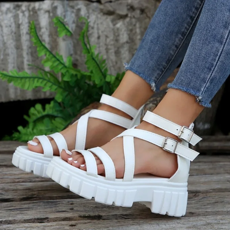 Fashion Chunky High Heels Roman Sandals for Women 2024 Summer Ankle Strap Plarform Sandals Woman Strap Thick Heeled Party Shoes