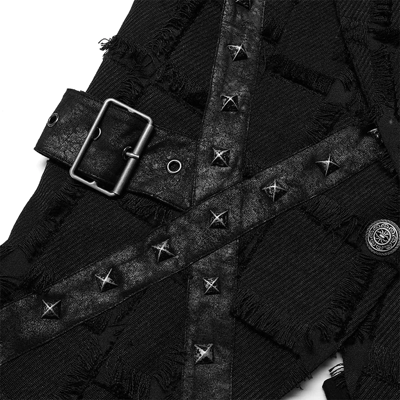 PUNK RAVE Men\'s Gothic Asymmetric Personality Twill Black Vest Casual Handsome Tank Top Back Hollow Out Design Four Seasons