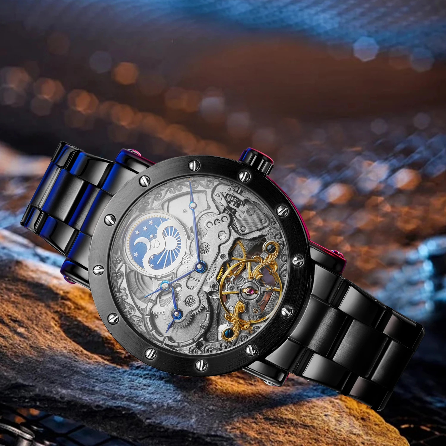 Luxury Brand GMT Time Zone Moon Phase Automatic Movement Man Watch Stainless Steel Skeleton Mechanical Waterproof Male Clockwork