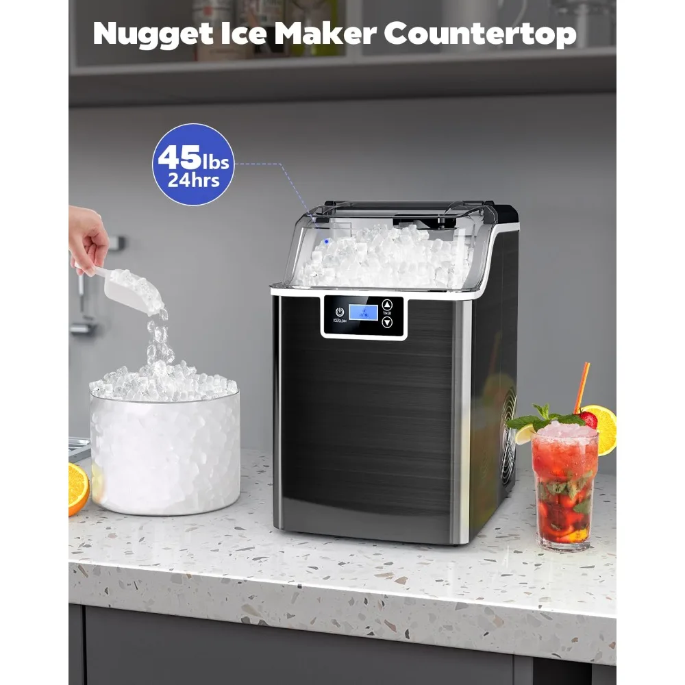 Nugget Ice Maker com temporizador, Fabricantes de gelo esmagados auto-limpantes para Home Bar Party, 3 libras por cesta em 1,5 horas