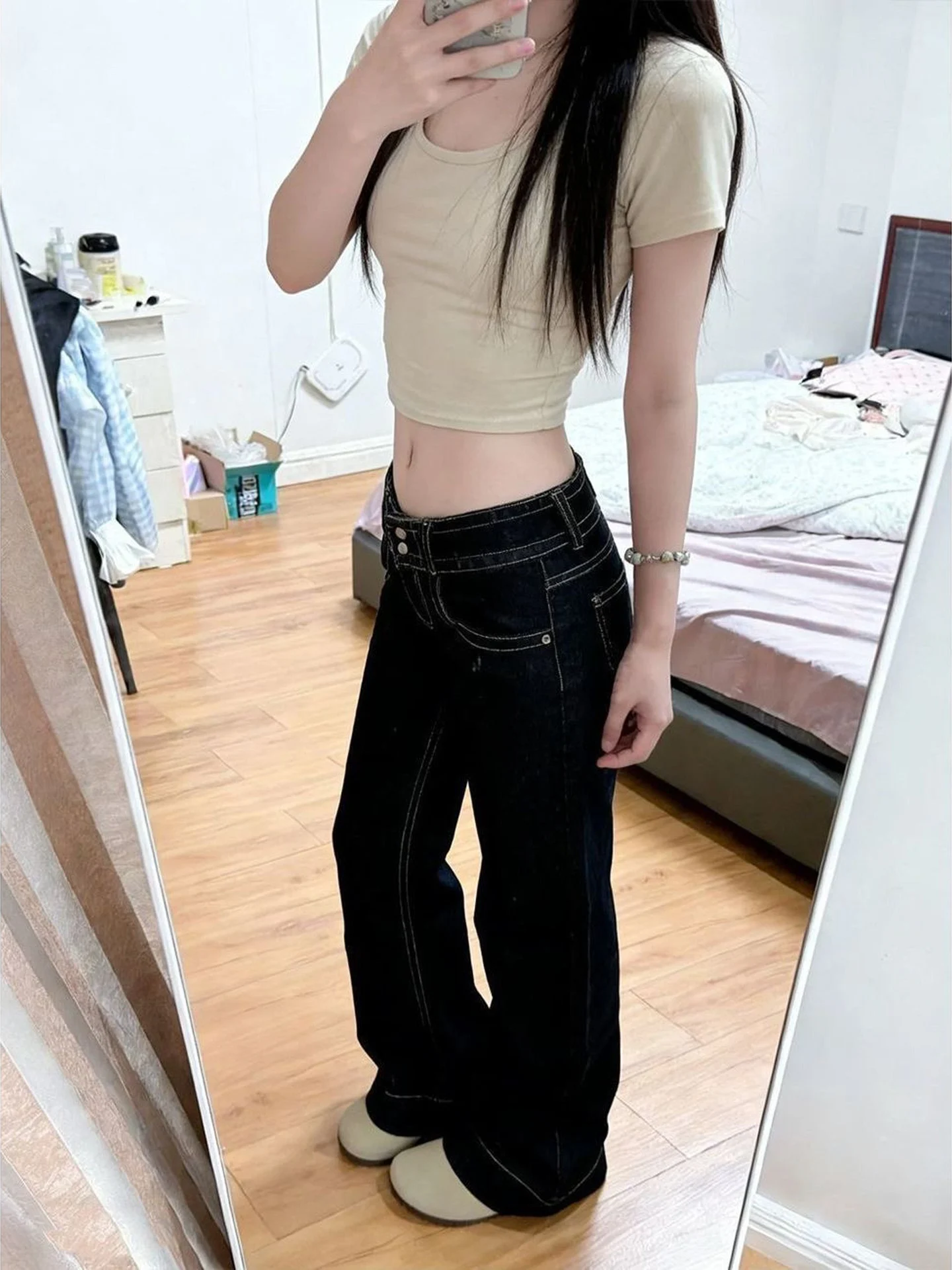 American Retro Denim Color Double Buckle Flared Jeans Women's Spicy Low Waist Loose Slimming Wide Leg Floor-Length Pants