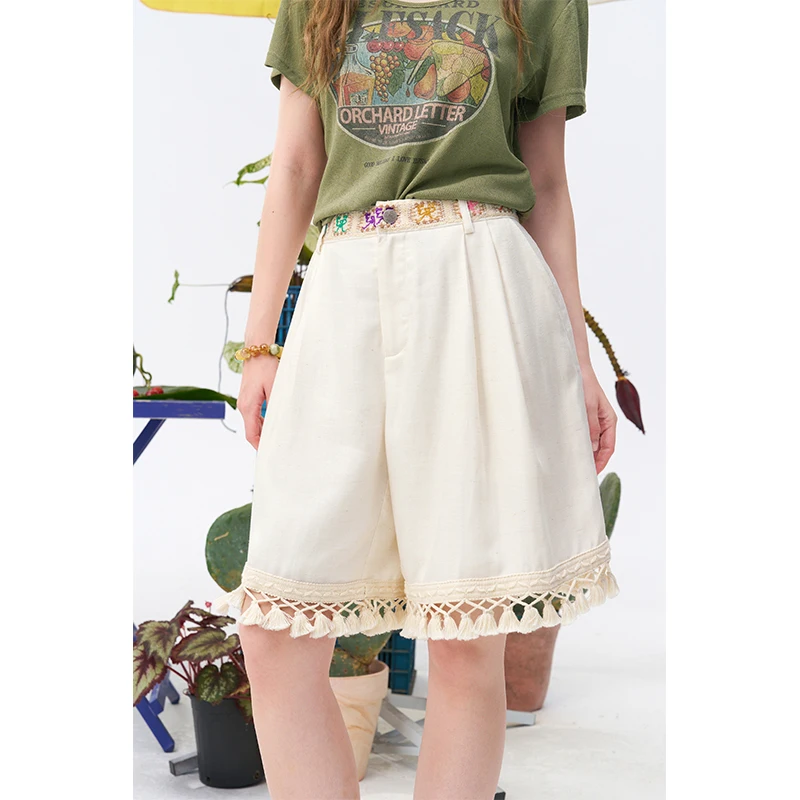 ELFSACK Women's High Waist Loose Shorts with Tassel Lace Hem, Elastic Waist Casual Wide Leg Short Pants for Summer