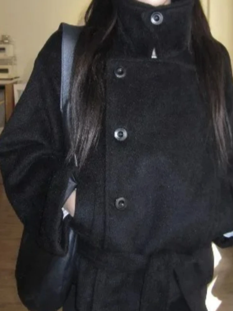 Französischer einzigartiger Vintage-Wollmantel für Damen, lockerer Stehkragen, Krawattengürtel, lange Jacke, einfarbig, elegante Büro-Casual-Oberbekleidung