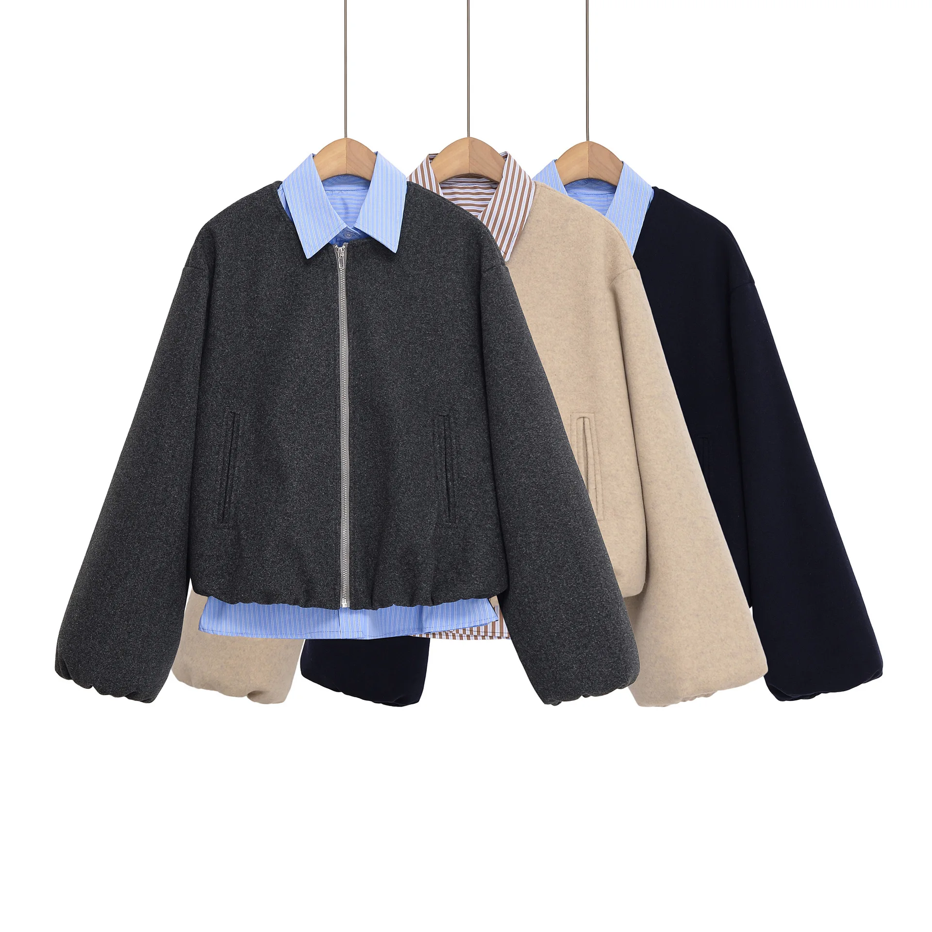 

Женская свободная искусственная двухсекционная куртка-бомбер с воротником и длинными рукавами на молнии в полоску, укороченное пальто для поездок на работу, осенний новый шикарный топ