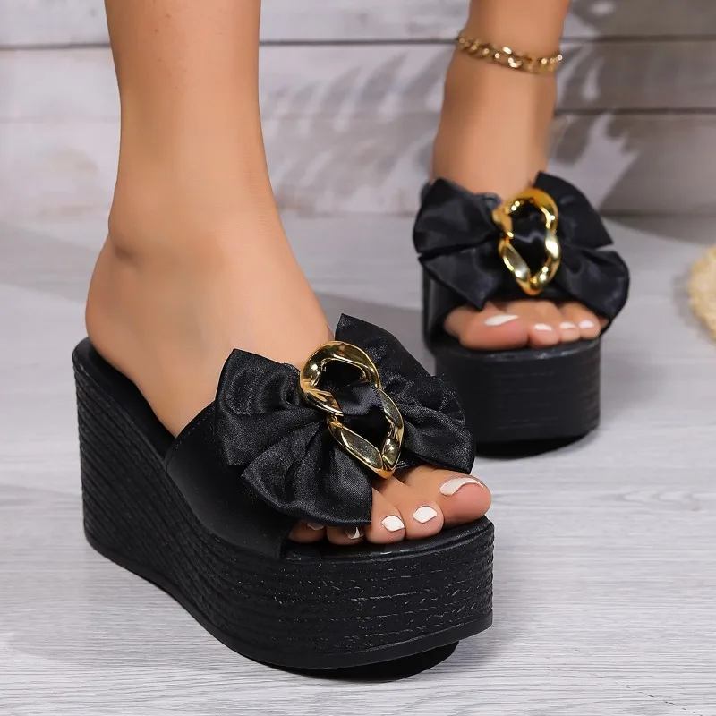 Women\'s Slippers Fashion Bow Decoration Women\'s Shoes 2024 Summer New Style Round Toe Thick Sole Wedge Beach Zapatillas Mujer