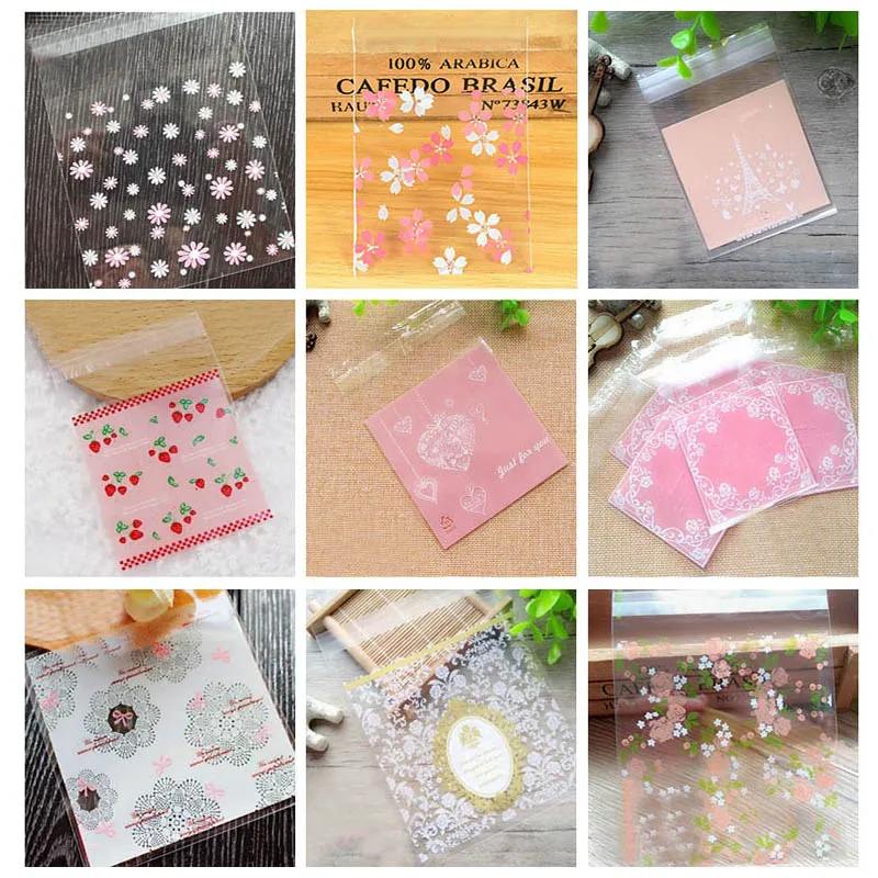 50pcs Cute Flower Plastic Bag Heart Pattern Self-adhesive Bags for Wedding Birthday Party Favor Baking Cookie Packaging Supplies