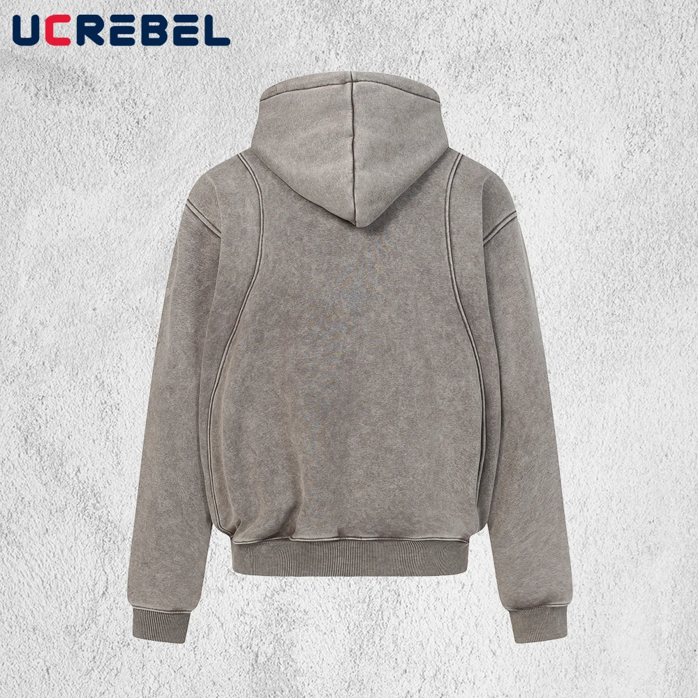 Retro Spliced Fleece Hoodies Mens Autumn Winter Washed Distressed  High Street Loose Long Sleeve Hooded Sweatshirts Man