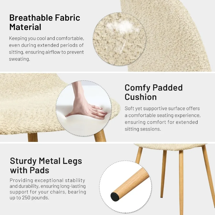 مجموعة من 4 كراسي لتناول الطعام بدون ذراعين مع قماش شانيل منجد وأرجل معدنية قوية مثالية لسرير غرفة المعيشة في المطبخ #4