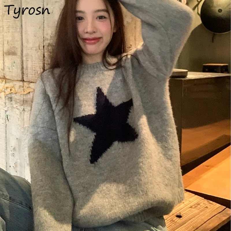 Szare jesienne swetry damskie Simple Vintage Star Print Japanese Style Soft Lazy O-neck Casual Sueter Mujer All-match Knitted Chic