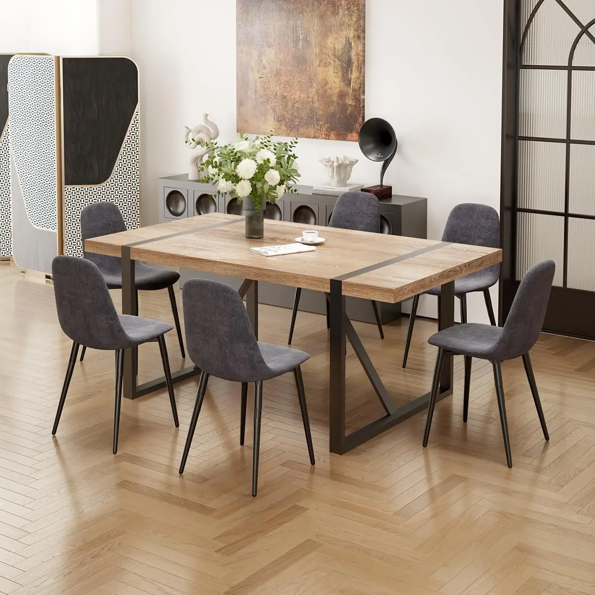 7-piece set of 6-person dining table, 71 inch rectangular wooden dining table, and 6 fabric dining chairs