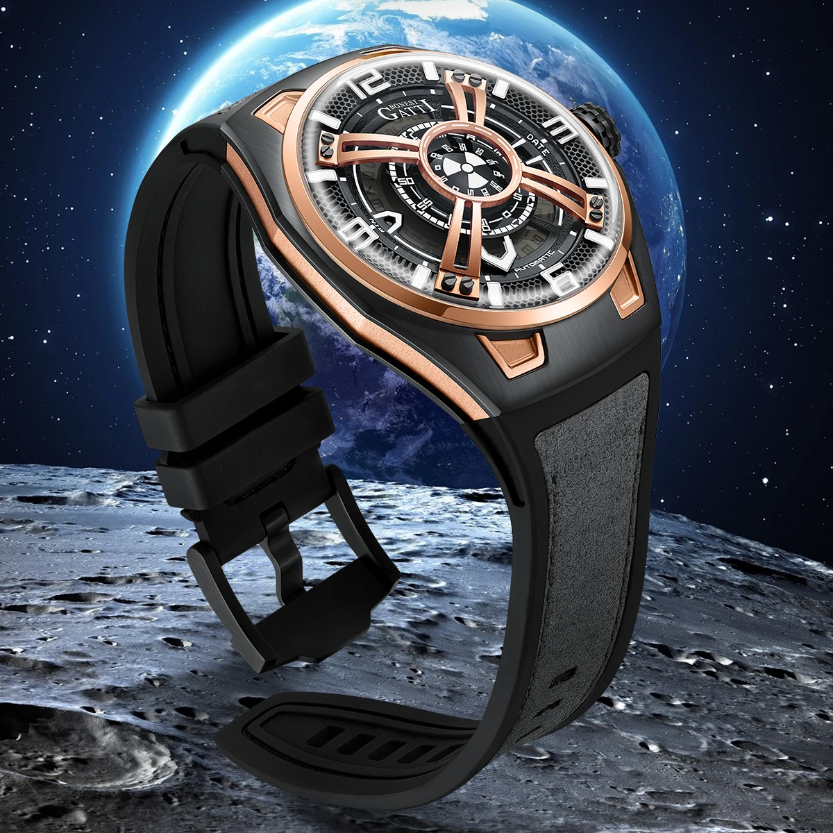 BONEST GATTI herenhorloge Valentijnsdag cadeau voor je vriend: Volautomatisch skelet mechanisch horloge Lichtgevend herenhorloge