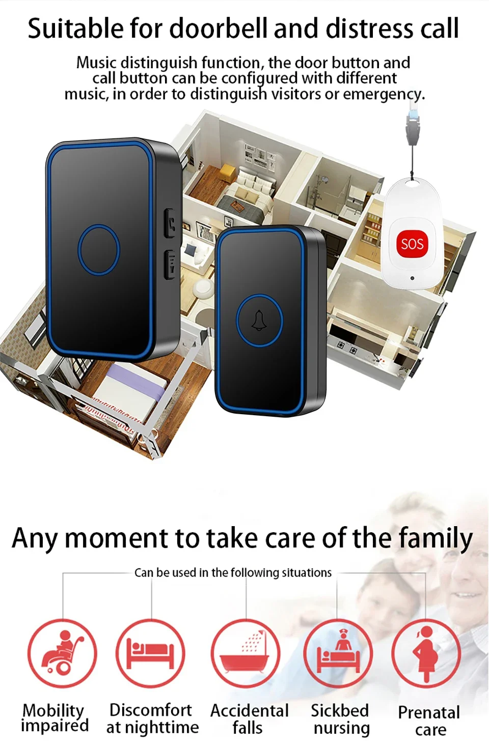 CACAZI Wireless Pager Doorbell Old Man Emergency Alarm Chime Waterproof Smart Home Door Call Bell 80m Long Range US EU UK Plug