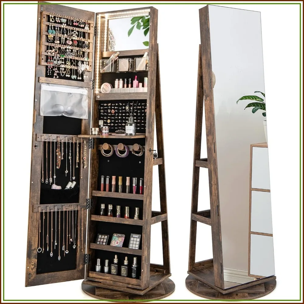 360° Swivel Jewelry Armoire with Full Length Mirror, Lockable Standing Cabinet, Rustic Brown