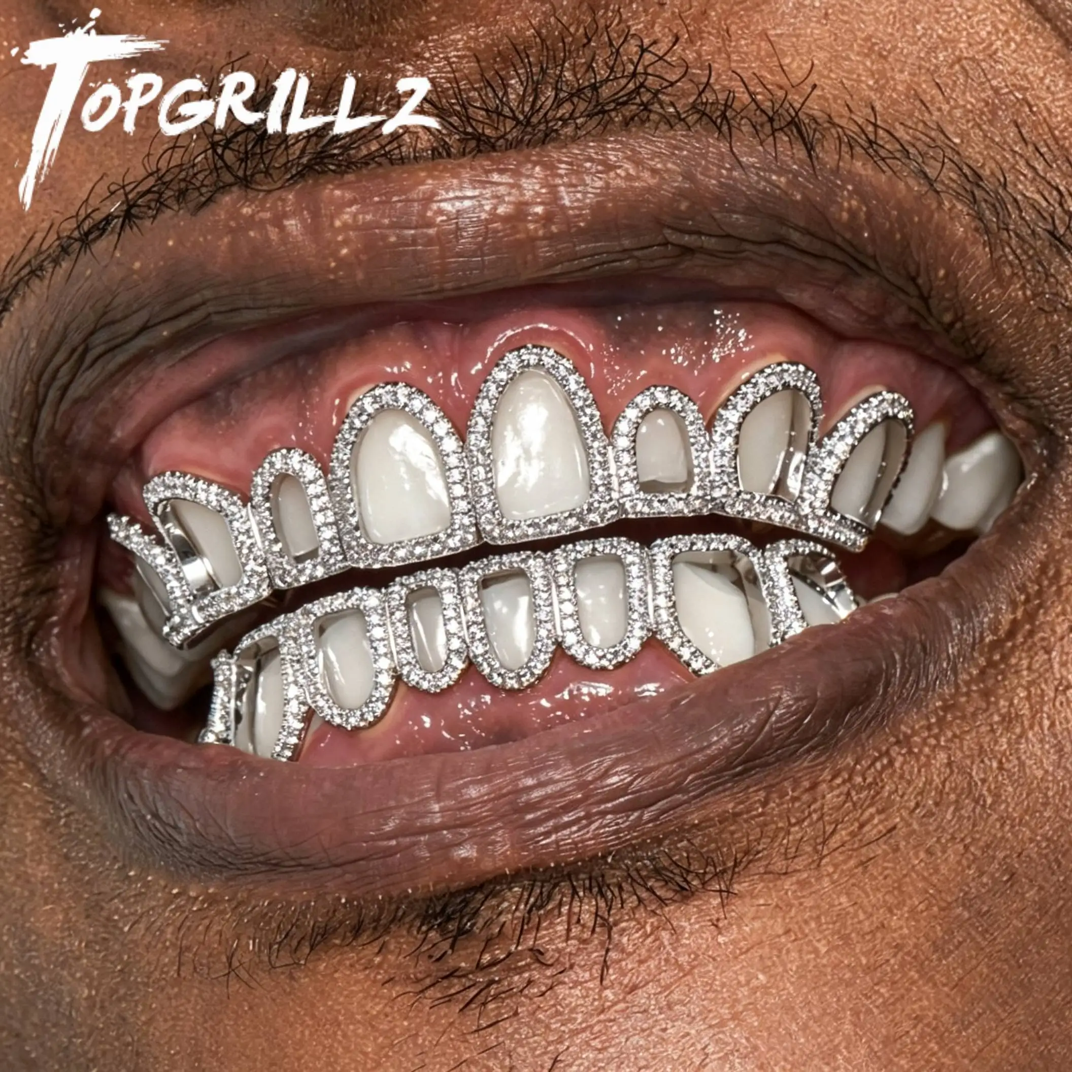 TOPGRILLZ Hollow Window Grillz Set 8 Top 8 Bottom Gold Plated Copper CZ Paved Rim Hip Hop Decorative Teeth Jewelry Men Women