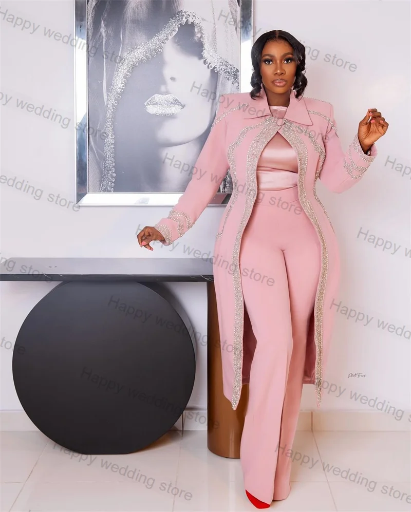 Pink Long Women Suits Set 2 Piece Crystals Blazer+Pants Formal Office Lady Jacket Prom Wedding Tuxedo Custom Made Cotton Coat