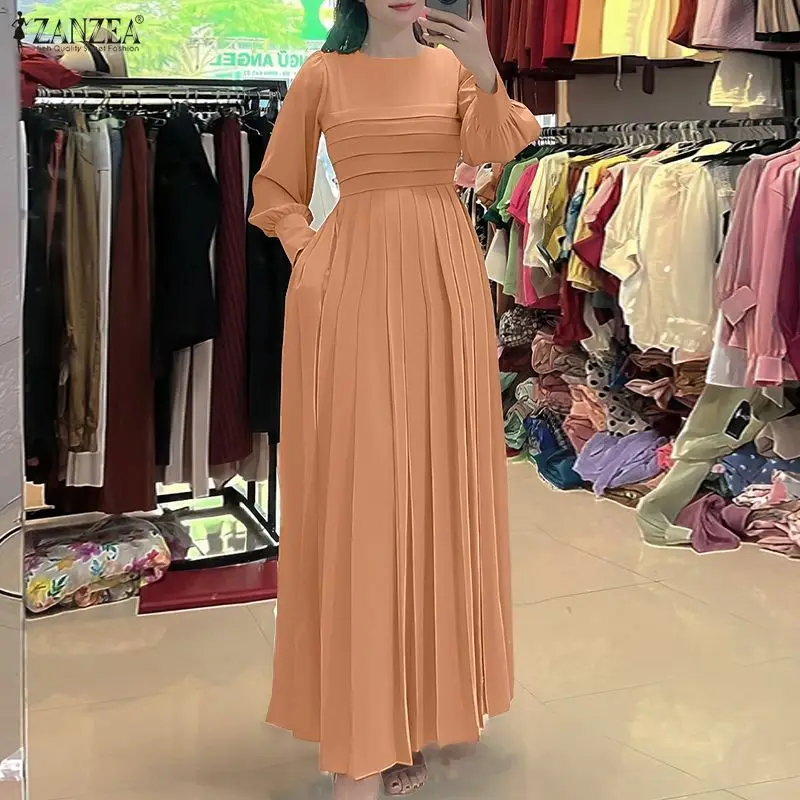 ZANZEA Mode Lange Mouw Jurken Vrouwen Geplooide Elegante Partij Vestidos 2026 Herfst Lente Casual Solid Losse Maxi Gewaad