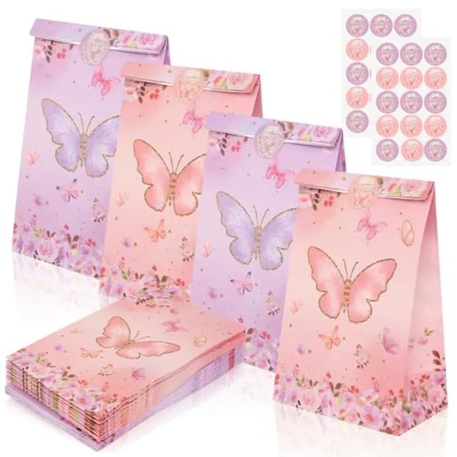 

24pcs Pink Gift Bags With Stickers Cute Flowers Paper Gift Bags Small Size 8.7x5.1x3.1 Purple Party Favors Bags Bulk Mini Tiny