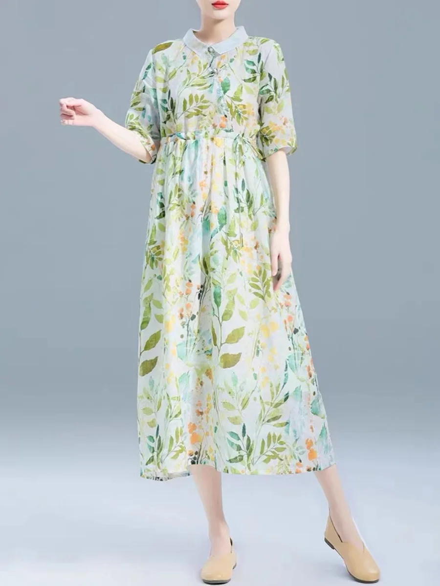 المرأة الصيف ألف خط ميدي الدكتور الأزهار طباعة الكتان القطن مزيج تنورة الرجعية ort Sve دمية طوق خمر Sle Dr