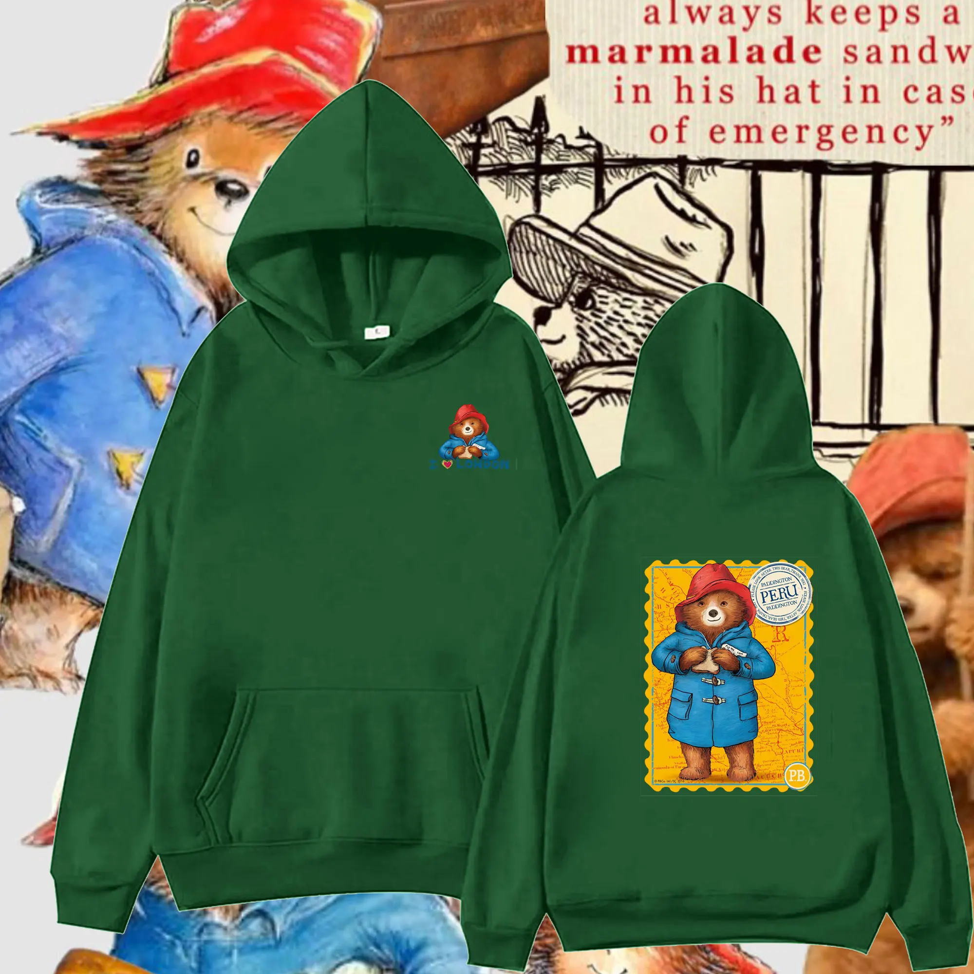 Funny Unisex Hoodie: Paddington Bear in London Cartoon Double-sided Printing 2025 Drop Shoulder Sweatshirt for Men Women Hoodies