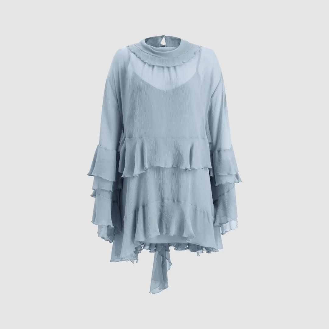 Mulberry Silk Two Piece Set Ruffle Trim Cami Top & Blouse Grey Blue French Romantic Style