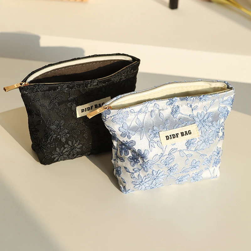 New Small Size Female Cosmetic Bag Portable Blue Embroidery Mini Sanitary Napkin Storage Bag Commuter Coin Key Bag Bank Card Bag