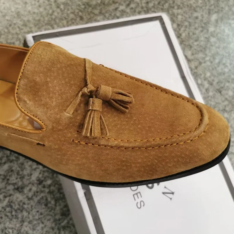 Spring New Suede Casual Men Shoes Fashion Tassel Slip on Loafers Male Leather Comfortable Solid Flats Footwear Plus Size 46 47
