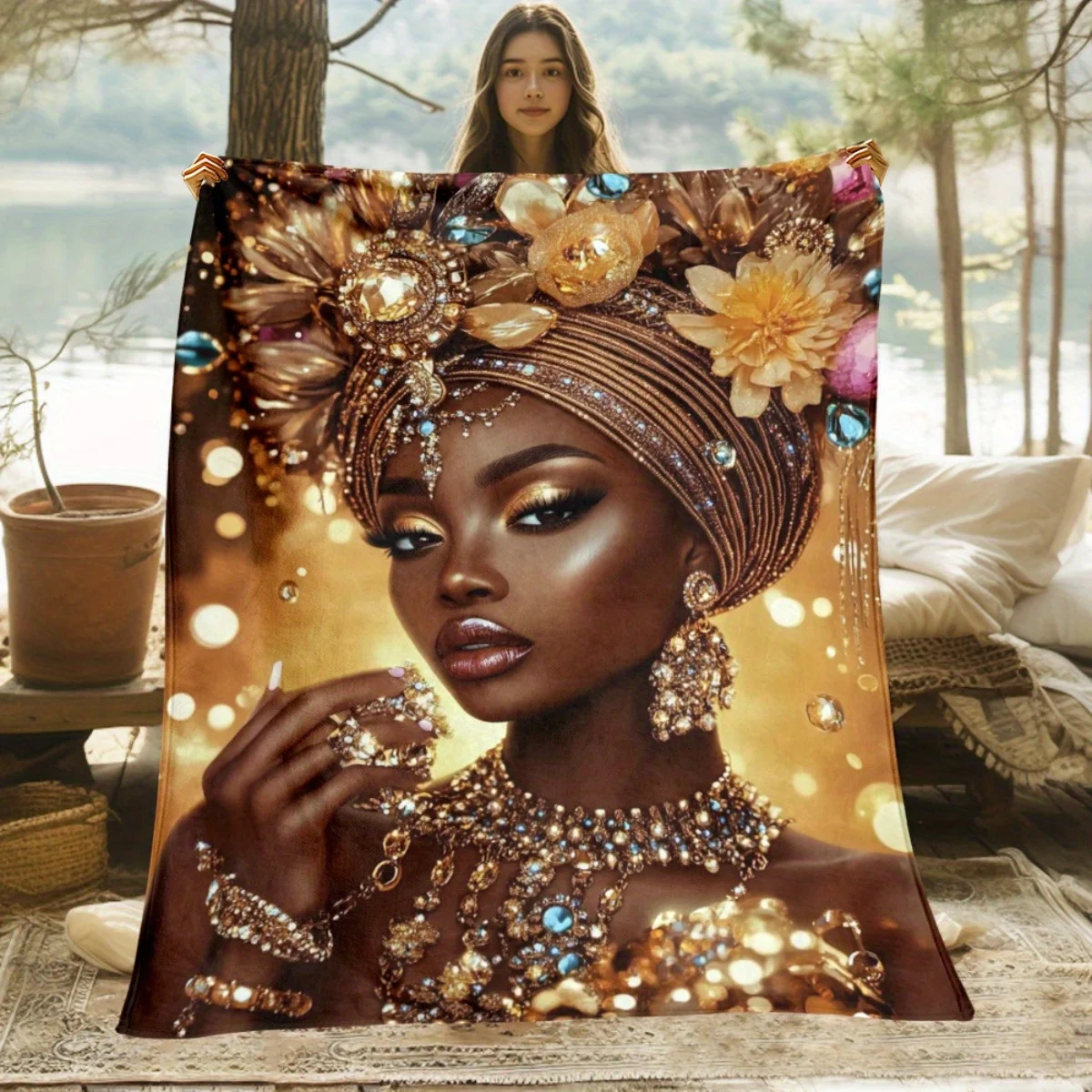 

1pc African Queen Jewelry Gold Headdress Fleece Blanket Luxury Fashion Portrait Art Print Throw Cover Decor Gift for Women