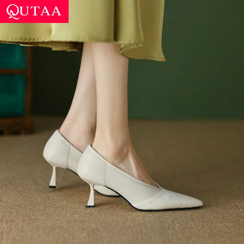 QUTAA 2023 Fashion New Arrival Women Pumps Spring Summer Office Ladies Party Genuine Leather Thin Heels Shoes Woman Size 34-42