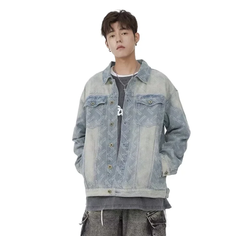 Men's Fashion Vibe Style Hip Hop Jean Jacket Loose Fit Style Texture Denim Coat Jacquard Weave Design Vintage Jean Outerwear