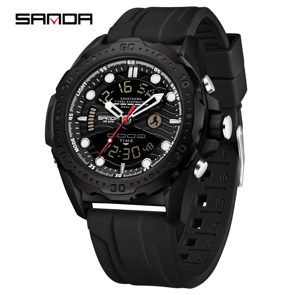 

SANDA модные спортивные мужские кварцевые часы водонепроницаемые светодиодные еженедельные силиконовые военные многофункциональные цифровые часы