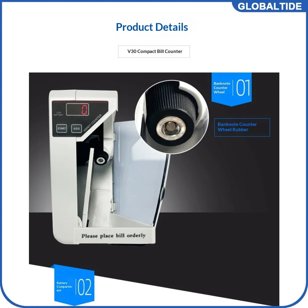 V30 Handheld Portable Bill Counter Counterfeit Checking Dual Power Cash Counting Machine for Home Retail Travel Cash Management
