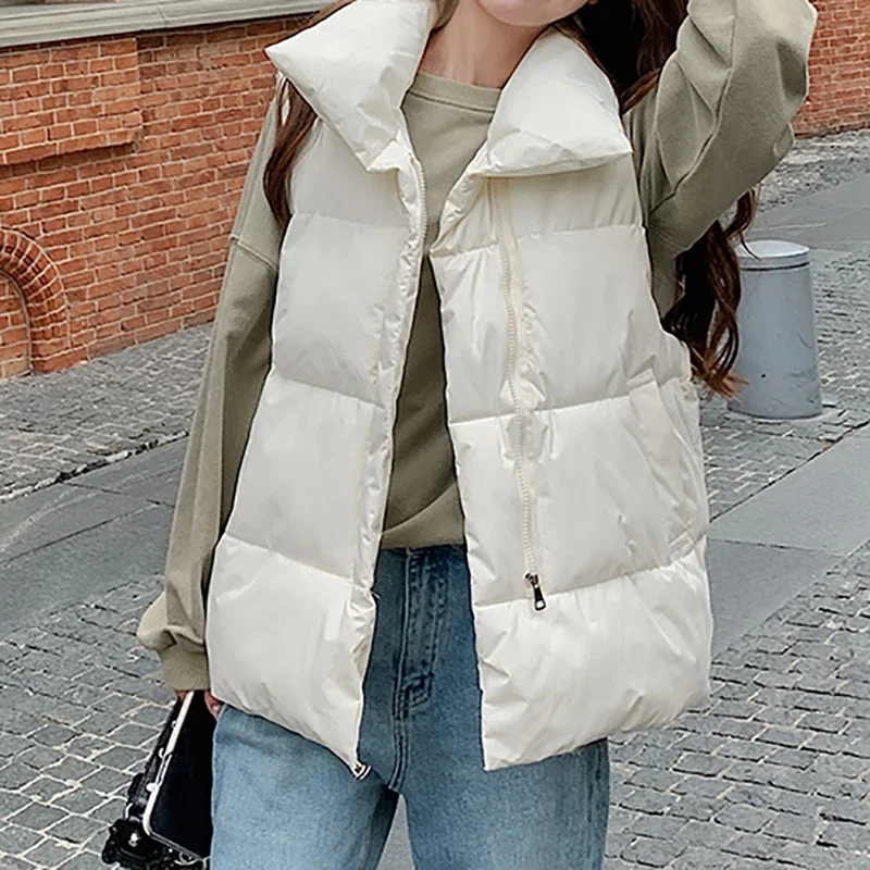 Women Mock Neck Pocket Solid Thermal Coat Vest Zipper Thickened Warm Loose Jacket Casual Puffer Jackets For Women Fall Winter