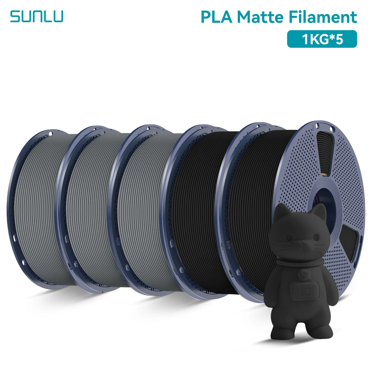 SUNLU 5 Rollen PLA-Mattfilament, 1,75 mm, 1 kg Spule (2,2 lbs), glattes, mattes Finish, ordentlich gewickeltes Filament, passend für die meisten FDM-Drucker