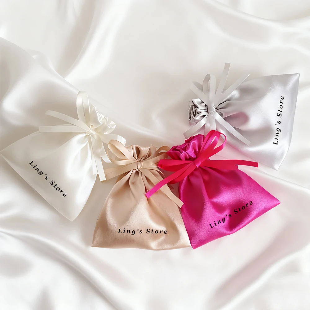 

100 шт., милые атласные сумки с логотипом для ювелирных изделий на шнурке, бутик конфет, шоколадный органайзер, сумка для косметической упаковки духов, карман