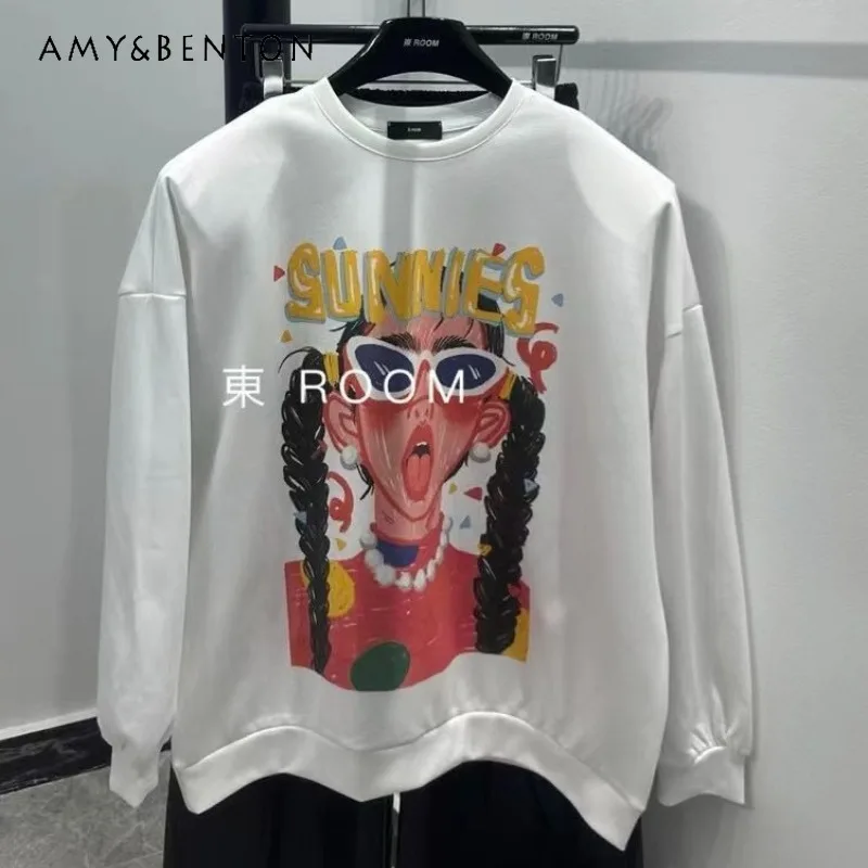 2024 Early Autumn New Korean Style Fashion Beautiful Girl Age-reducing Printing Loose Pure Cotton Long-sleeved Sweatshirts Women