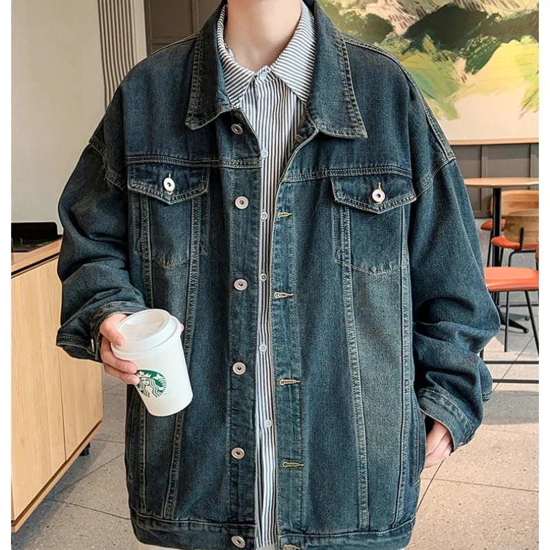 Versatile Fashion Atutumn Winter Men's Solid Casual Loose Pockets Denim Jacket Retro Coat Cool Boys