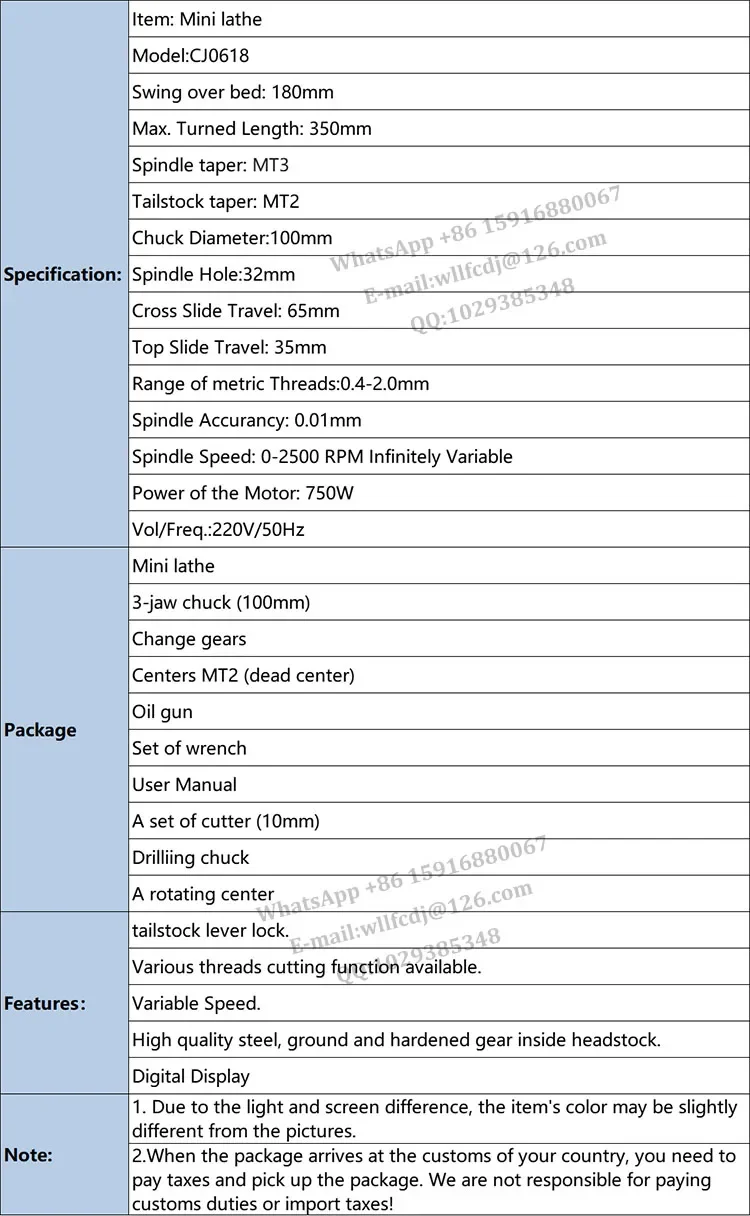 Motore brushless CJ0618 Mini tornio Mini tornio in metallo Display digitale Foro mandrino da 32 mm