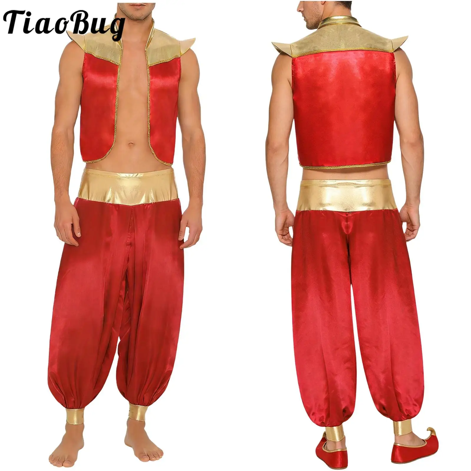Disfraz de Halloween Árabe Indio de Oriente Medio para Hombre, Chaleco Satinado y Pantalones Bombachos Holgados Estilo Hippie para Fiesta, Juego de Rol