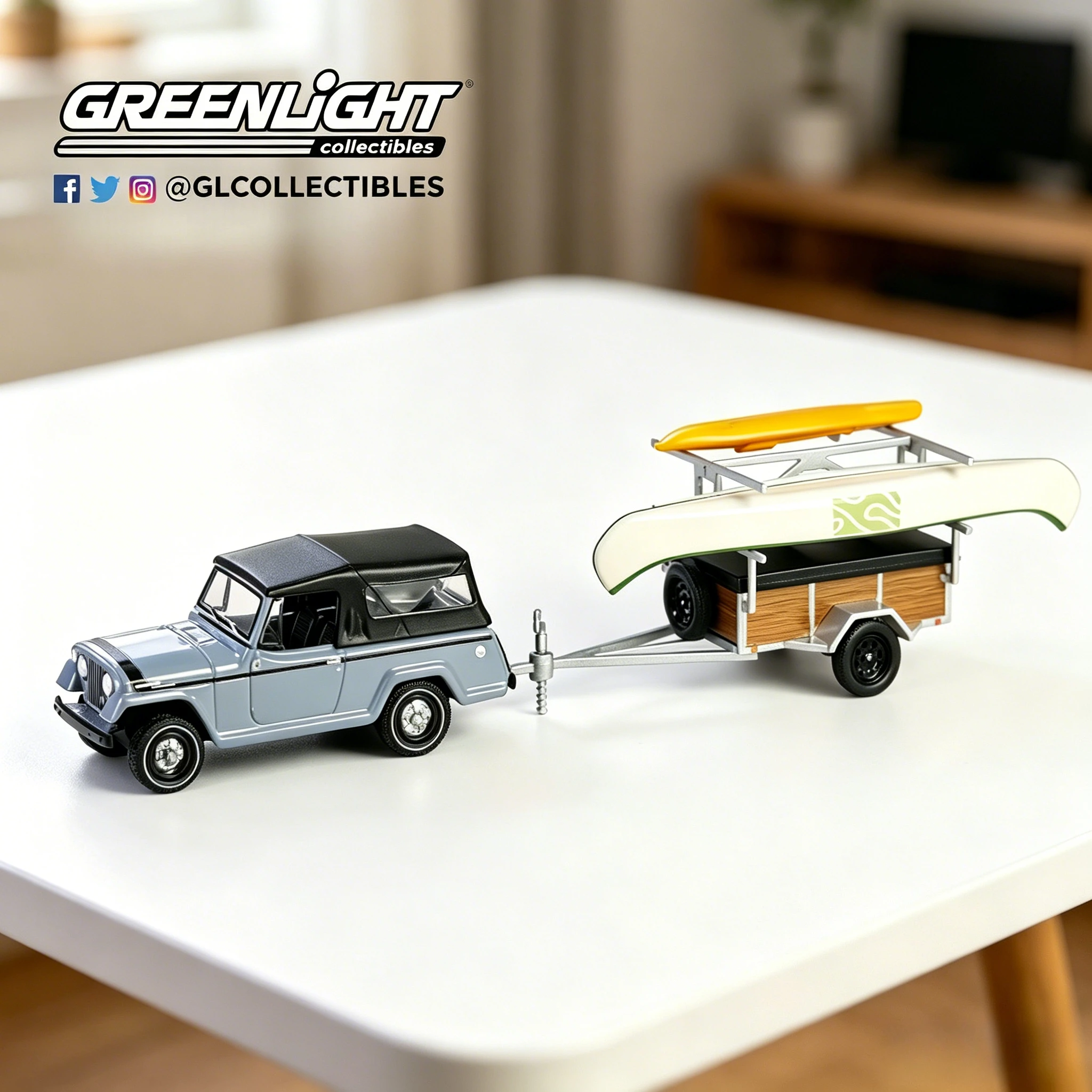

GreenLight 1:64 H & T Series 32-1968 Jeepster Commando & Canoe & Kayak Trailer Diecast Alloy Car Model Collectible Gift