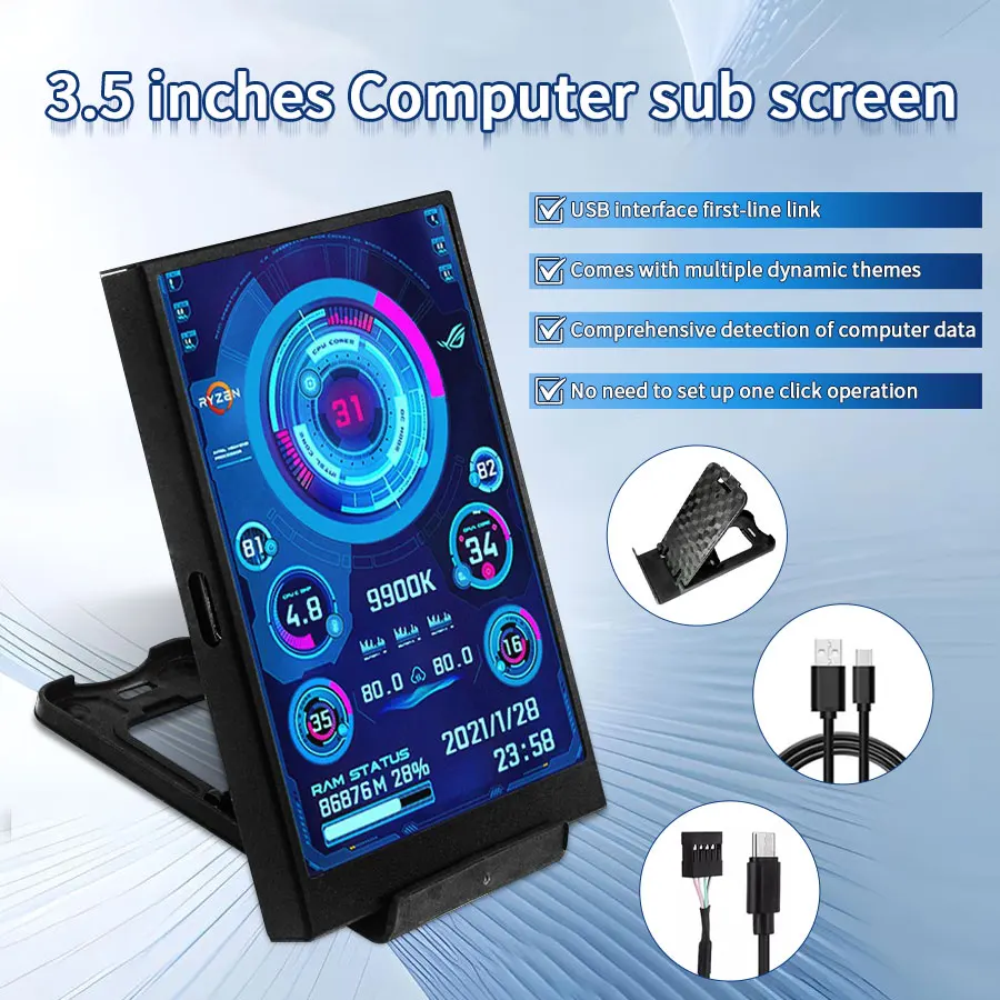 Layar Sekunder Mini IPS USB Tipe C 3.5 Inci CPU GPU RAM HDD Monitor Komputer Tampilan Monitor LCD Windows 8/10/11 Bebas AIDA64