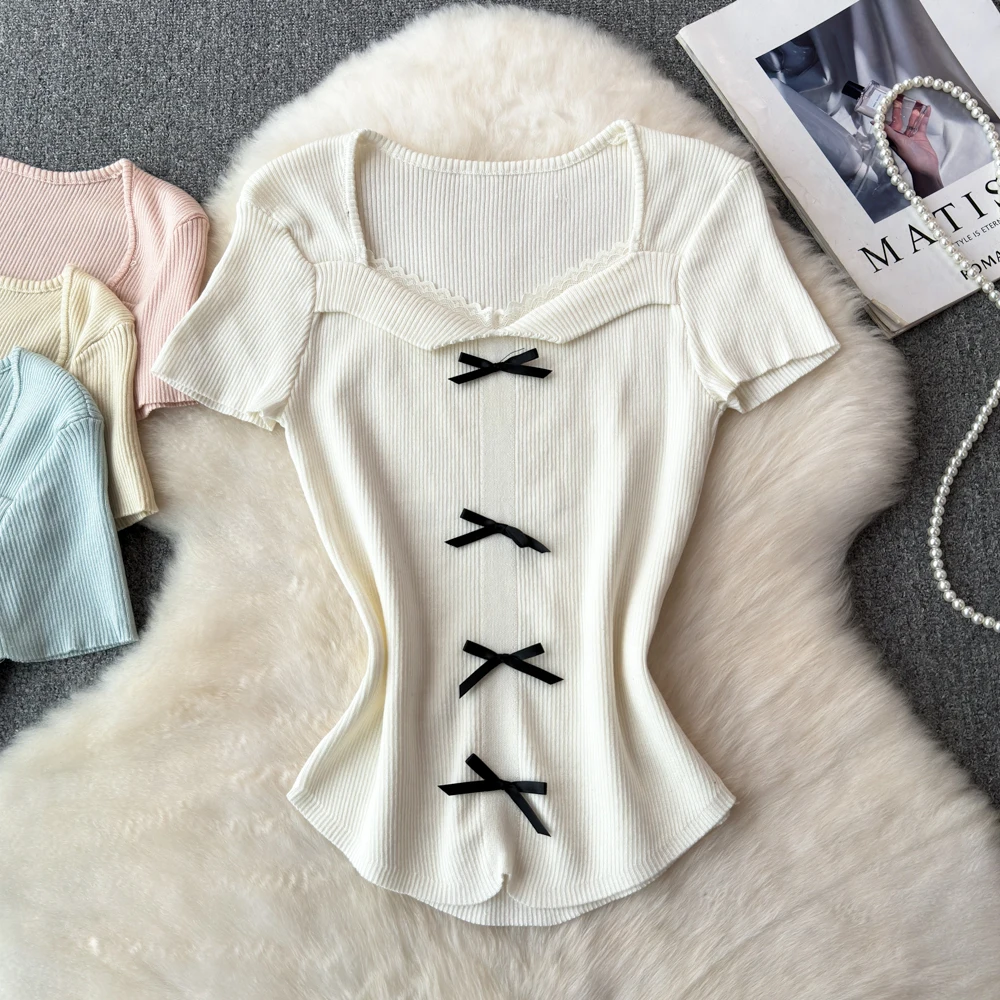 Summer Double Sided T Shirt Fabric Handmade Three-dimensional Short Sleeve Bow Top Short Style Very Fairy T-shirt Short Sleeve