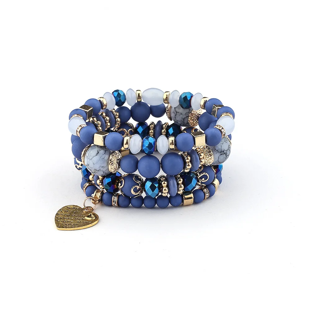 4Pcs Boho Crystal Beads Chain Bracelet Set For Women Vintage Heart Charm Elastic Bangle Men Fashion Party Jewelry