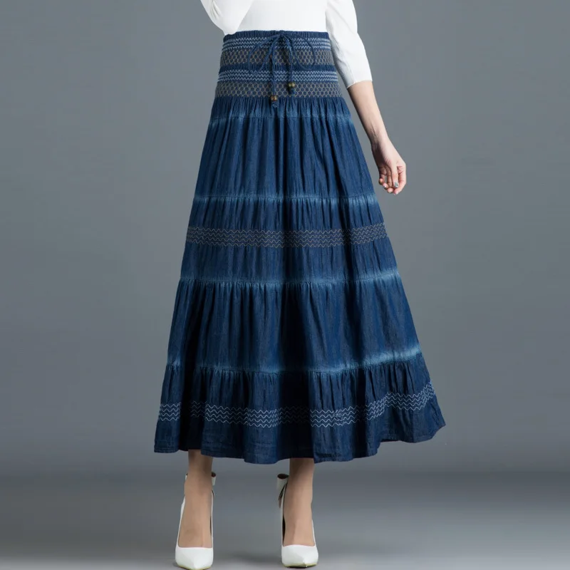 Jeans Skirts Long Women\'s Denim Maxi Casual Elastic High Waist Party Solid 2022 Summer Skirt Pleated Jupes Femininas Ropa Mujer