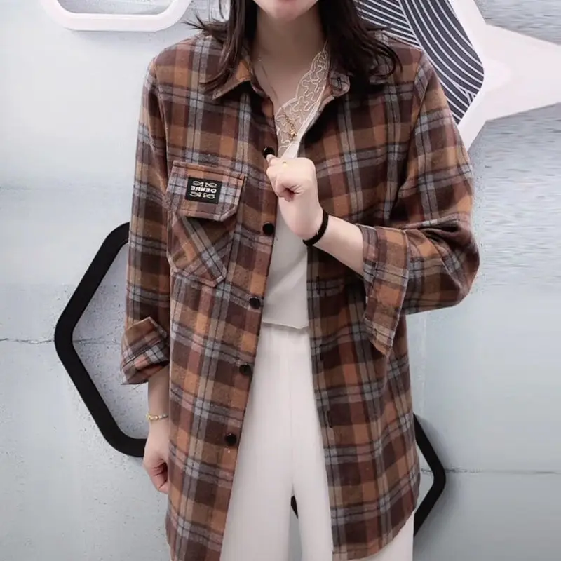 Office Lady Stylish Plaid Blouse Spring Autumn New Casual Single-breasted Female Lapel All-match Pockets Loose Long Sleeve Shirt