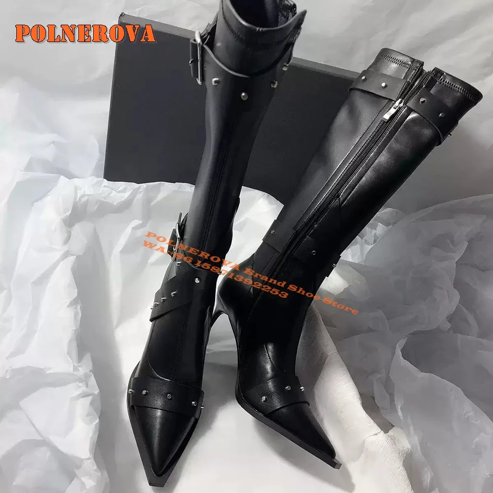 Brown Rivet Cross Tied Retro Knee High Boots Pointed Toe Thin Heels Zipper Closure Solid Sexy Knight Boots 2024 Autumn New Style