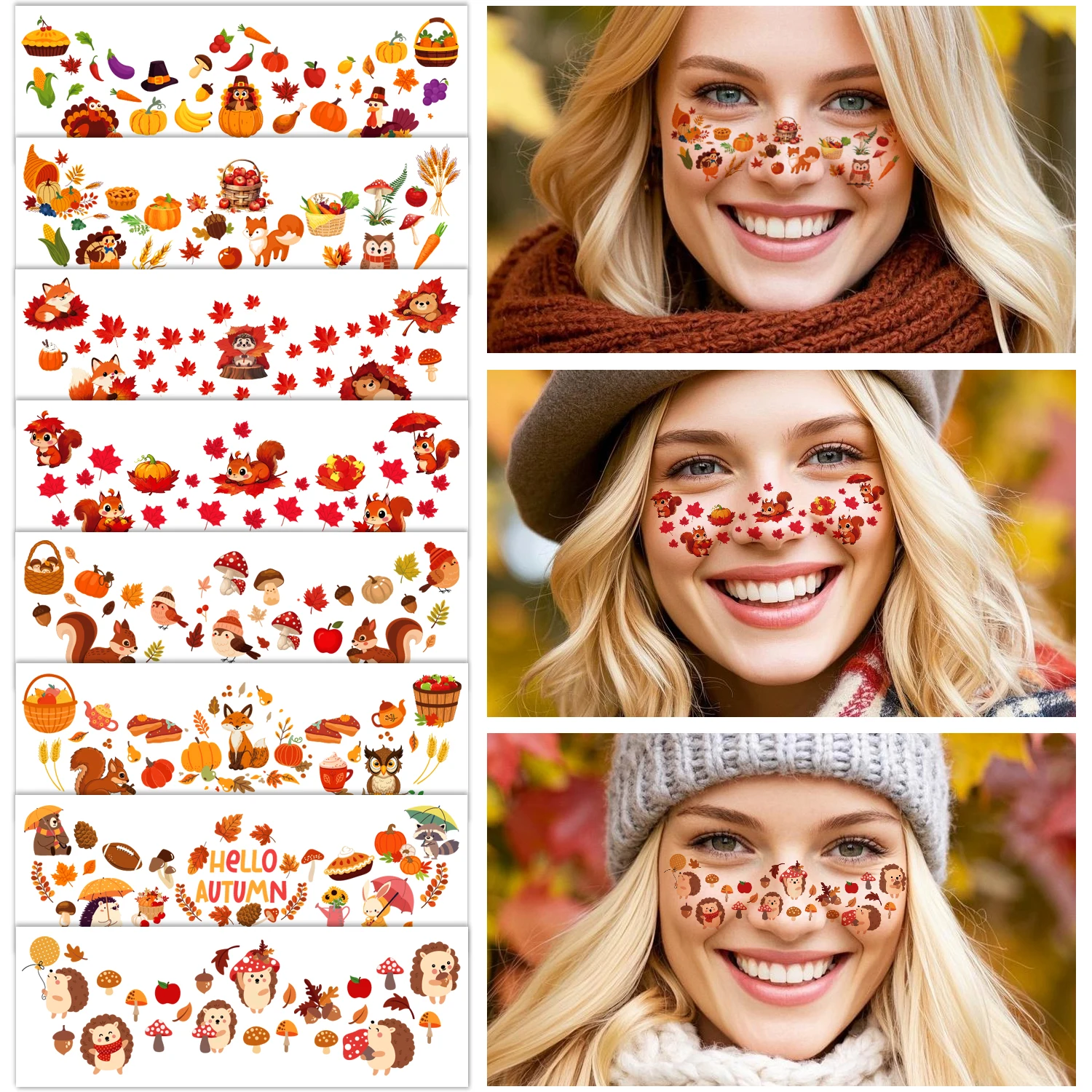 Fall Autumn Freckles Face Temporary Tattoos Themed Birthday Party Decorations Favors Supplies Décor Thanksgiving Pumpkin Leaves
